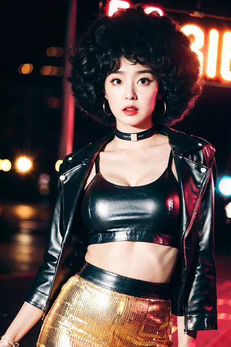 (cinematic aesthetic:1.4) photo of irene fashion model bokeh city night with round disco afro wig, bra, super mini skirt,big bus...