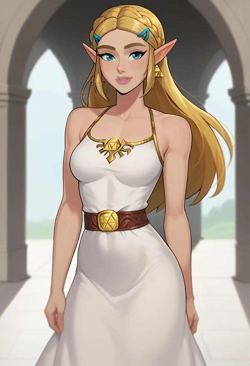 score_9, score_7_up, 1girl, solo, princess zelda, white dress, sleeveless, depth of field