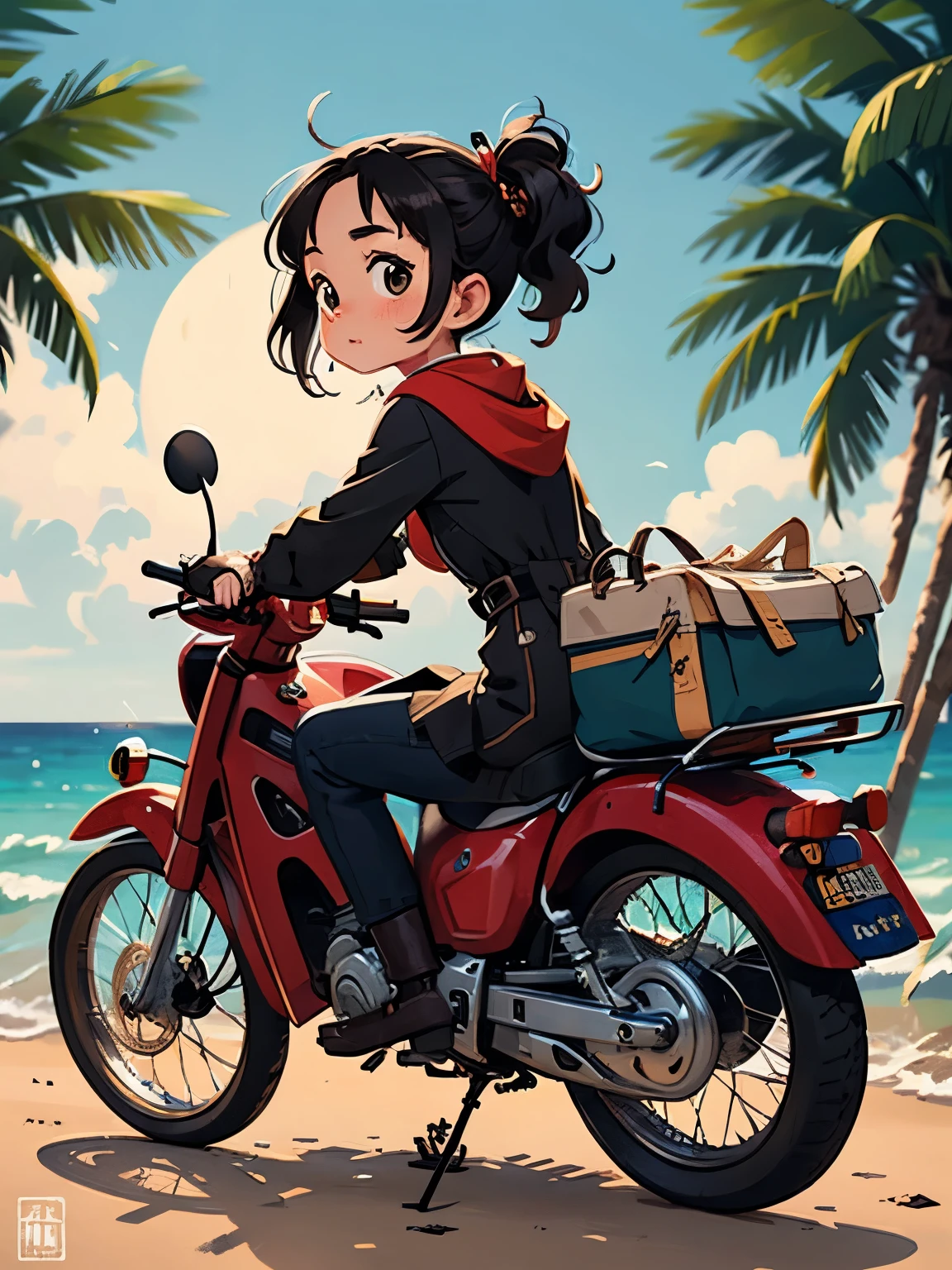 32K，UHD High Resolution，Octane Rendering，steampunk，(Hyper Detail: 1.2)，Girl riding a Super Cub、night，cute，Very short stature，Very thin thighs，Loading a lot of luggage into a yellow Super Cub，Short dress，Semi-long twin tail hair，Black Hair，goggles，Black boots，Super Cub Details，Head to the beach campsite，Medium shot from behind，night空，moon，