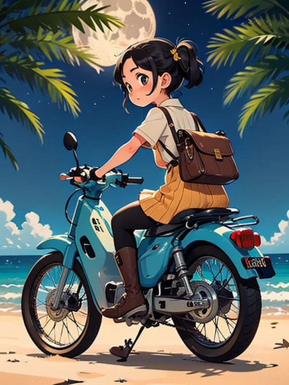 32K，UHD High Resolution，Octane Rendering，steampunk，(Hyper Detail: 1.2)，Girl riding a Super Cub、night，cute，Very short stature，Very thin thighs，Loading a lot of luggage into a yellow Super Cub，Short dress，Semi-long twin tail hair，Black Hair，goggles，Black boots，Super Cub Details，Head to the beach campsite，Medium shot from behind，night空，moon，