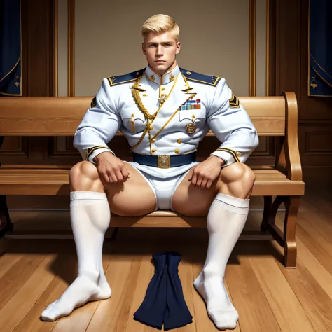 full view full body, one elite military school white blonde guy with military haircut, in navy-blue and gold leather uniform, na...