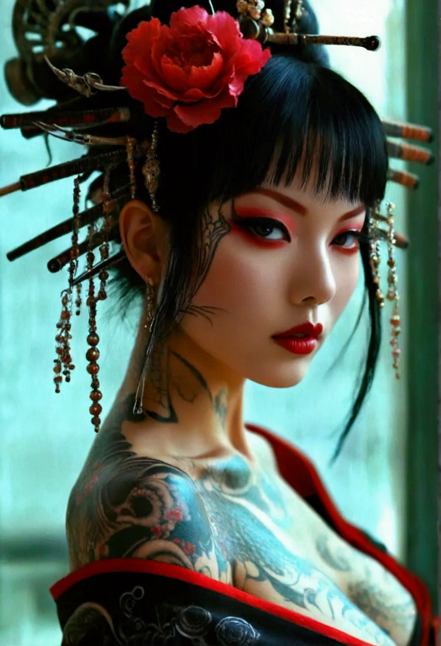 stunningly gorgeous beautiful perfect hr giger inspired inspired tattooed sexy seductive geisha, perfect face, hyper detailed vi...