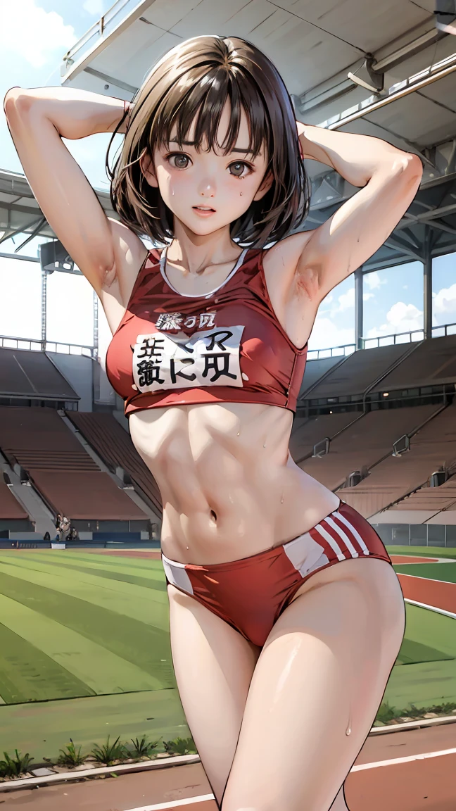  (Three Girls)、(Athletics Stadium、truck),、Serious face、The men are laughing、、Very short hair、They hesitate,Sweaty、Wet Hair,  Underarm, Mid-chest, Realistic butt crack , (High color saturation:1.0),  (Very detailed肌), (Highest quality:1.0), (Ultra-high resolution:1.0) ,(Realistic:1.0), (Very detailed:1.0), (8k, RAW Photos:1.1)、Center of chest、Spread your legs、Yoshizuki Iori、Running、(White Athletics Uniform)、(Front view)