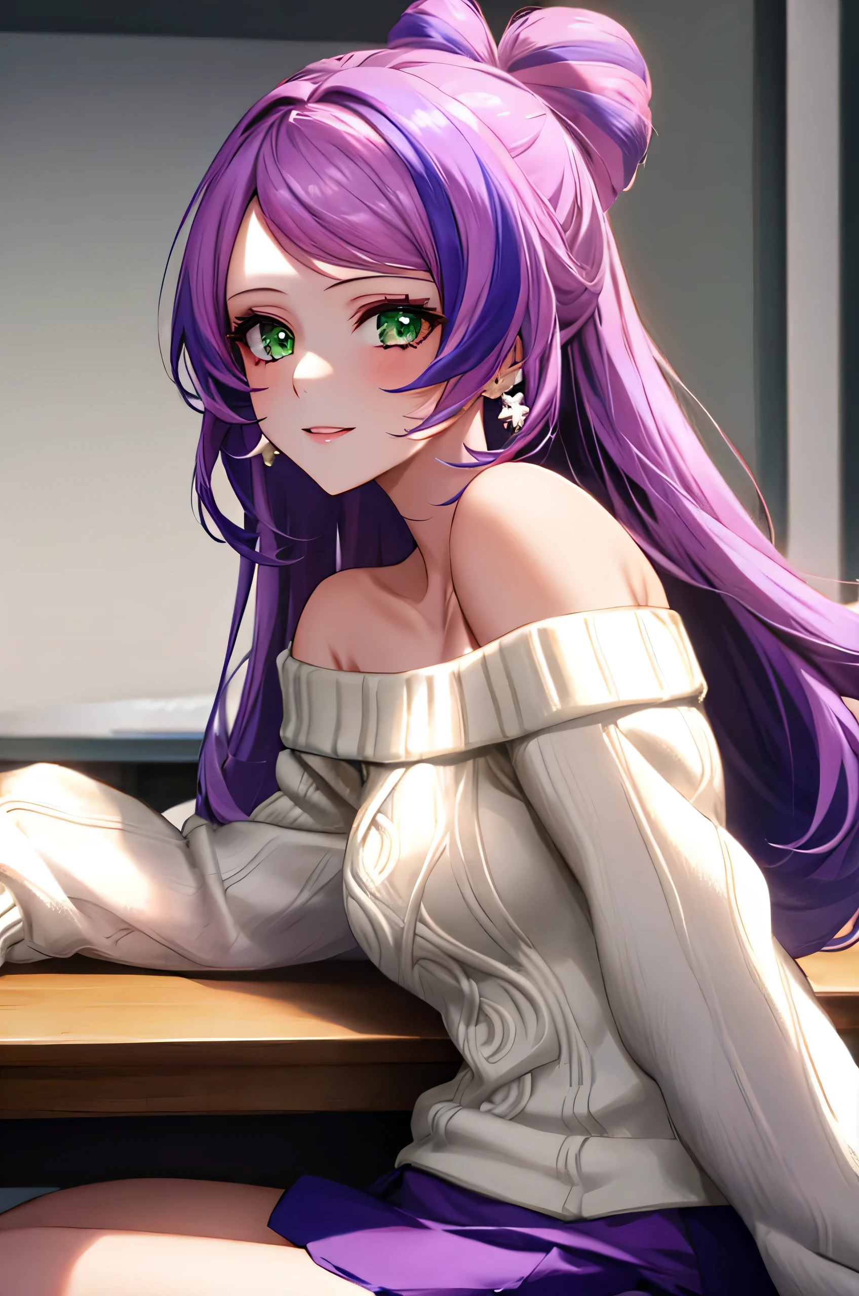 1girl, sitting on stool, rest chin on hand, crossed legs, facing viewer, from side, BREAK miriam, multicolored hair, green eyes, earrings, (off-shoulder sweater), white sweater, purple skirt, (small breasts:0.7), (smile:0.7), BREAK detailed background, medical office, desk, books, BREAK (best quality, masterpiece, UHD, ultra detailed), (beautiful face, shiny skin), (detailed eyes), (perfect anatomy), (professional lighting)