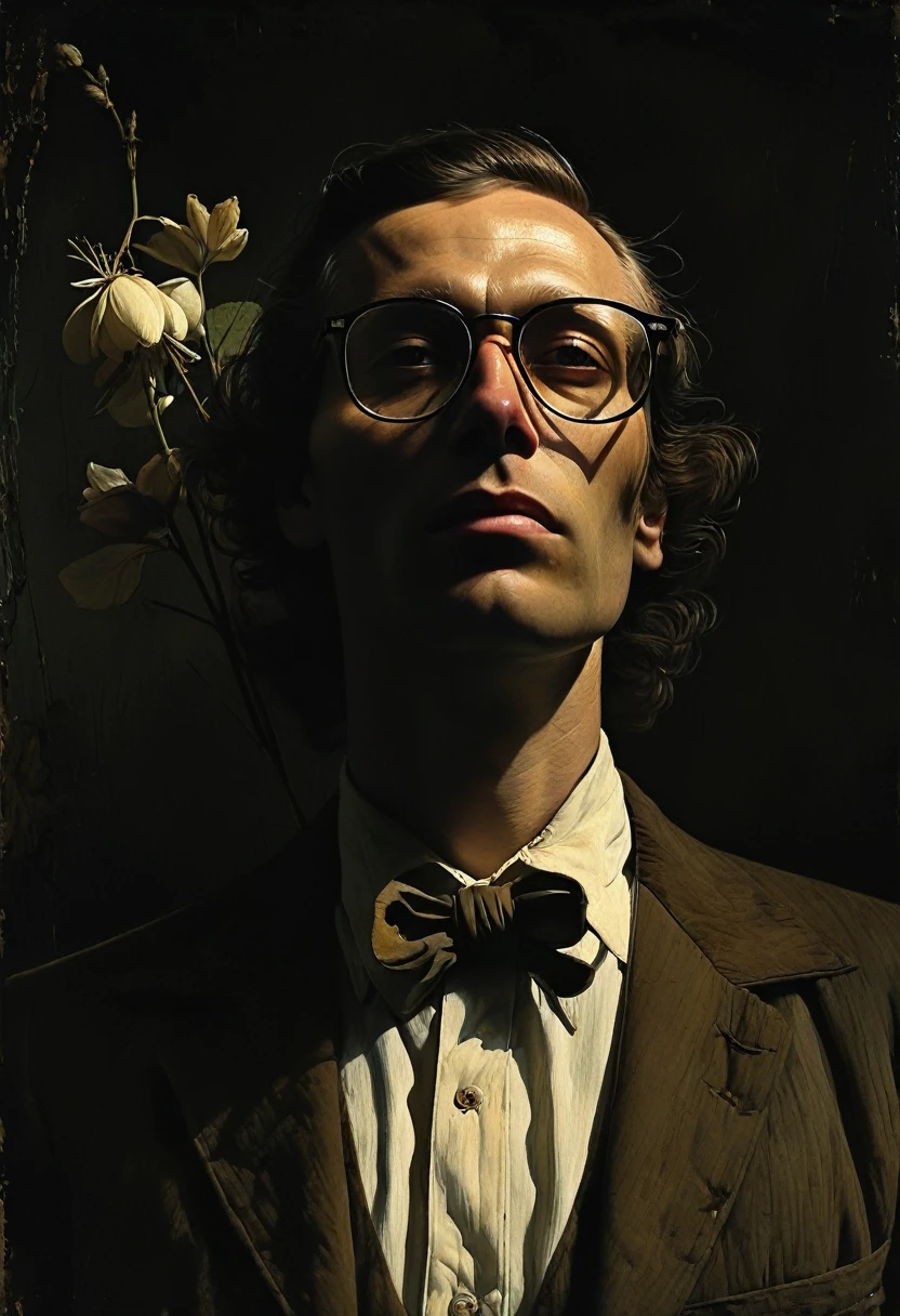 This is Andrew Wyeth - The Art of Andrew Wyeth - with a disturbing and grotesque world, a muted floral palette and a dry brush technique that creates a sense of calm. (1982 Soviet serial killer. Maniac Chikotilo in large horn-rimmed glasses, survival horror), creepypasta (dark monochrome background) masterpiece, fairy-tale background) (Minimalism: 1). Ideal body anatomy.
