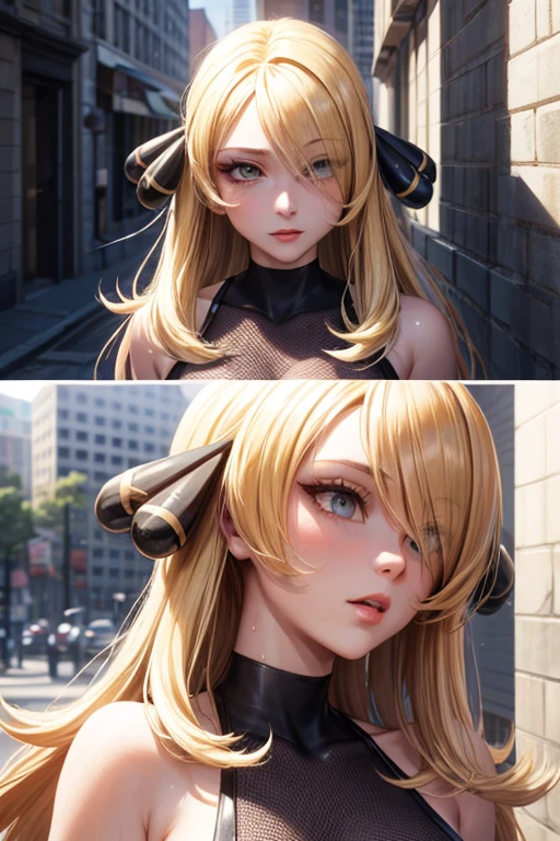 masterpiece, Highest quality, (Unreal Engine), reality:1.5, Super Resolution,  Very detailed, Complex, colorful, Clear images, Sharp focus, Digital Blending, 

Beautiful woman, character_pokemon_cynthia, cynthia, blonde hair, long hair, hair over one eye, hair ornament, very long hair, large breasts, wavy hair, grey eyes, Big Breasts, Perfect Eyes, Beautiful Eyes, Perfect Face, Ultra detailed hair, Ultra detailed face, Very detailed lips, Vivid expression, Healthy Body, Beautifully detailed sweat glands, Smooth skin texture, Beautiful Skin, Carefully drawn,

Dynamic pose, 

In the world of Pokemon, Outdoor, In the hustle and bustle of the city, ((Hasselblad Photos), Dynamic Angle), 

