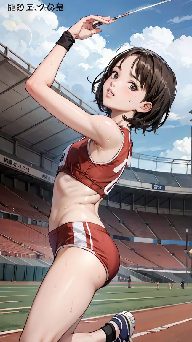  (Three Girls)、(Athletics Stadium、truck),、Serious face、The men are laughing、、Very short hair、They hesitate,Sweaty、Wet Hair,  Underarm, Mid-chest, Realistic butt crack , (High color saturation:1.0),  (Very detailed肌), (Highest quality:1.0), (Ultra-high resolution:1.0) ,(Realistic:1.0), (Very detailed:1.0), (8k, RAW Photos:1.1)、Center of chest、Spread your legs、Yoshizuki Iori、Running at full speed、(White Athletics Uniform)、(Front view)