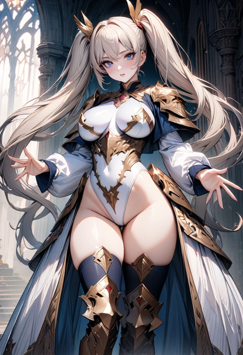 ((masterpiece)),((highest quality)),((8k)),((fantasy art:1.5)),(solo),1girl,perfect face,fantasy world,((platinum blonde twin tails long hair)), ((Skin-tight white leotard)), ((goldsmith sculpture leotard)),((super high leg)),((large breasts)),((inguinal thigh)),((armored leotard)),((thigh-high boot)),Curvy,Waist cloak,skirt,Perfect and beautiful dark blue eyes,perfectly accurate hand,precise five fingers,perfect fingers,sensual,makeup,fantasy leotard,Embroidered coat of arms long sleeve leotard,Sticks tightly to the skin,jewelry embellished leotard,