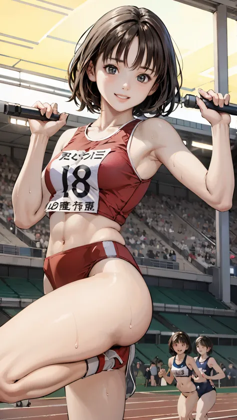 (three girls)、(athletics stadium、truck),、smile、the men are laughing、、short hair、they hesitate,、wet hair,  underarm, mid-chest, r...