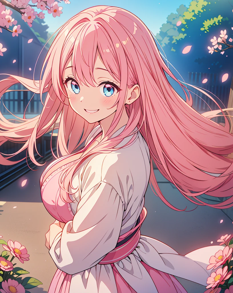 Highest quality, 32K, High resolution, masterpiece:1.5, A cute Japanese, Cute anime-style illustration, Rich emotional expression, An exceptionally beautiful face, Looking back, Perfect Human Anatomy, Big light blue eyes, Motherhood and generosity, Deep Love, Wake up, Expressing emotions, Have a rich imagination, Cute Japan, Perfect Human Anatomy, Magical big eyes, Motherhood and generosity, Deep Love, ((A mischievous smile:1.5)), ((Shiny pink gold hair:1.3)), Super long straight silk hair swaying in the wind, Asymmetrical bangs, Hair between the eyes, Transparent, soft white skin, Sharp eyebrows, Thin lashes, Natural Makeup, Cheek highlighter, Detailed and cute lips, (Pink high quality bikini:1.1), Slim figure with ample breasts, Beautifully detailed skies, ((Vibrant petal effect:1.2)), mysterious