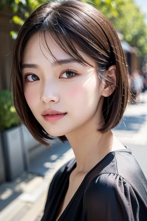 with the alleys of kyoto in the background、1 girl、independent、look forward to、light eye makeup、brown hair color、flat 、hair blowi...