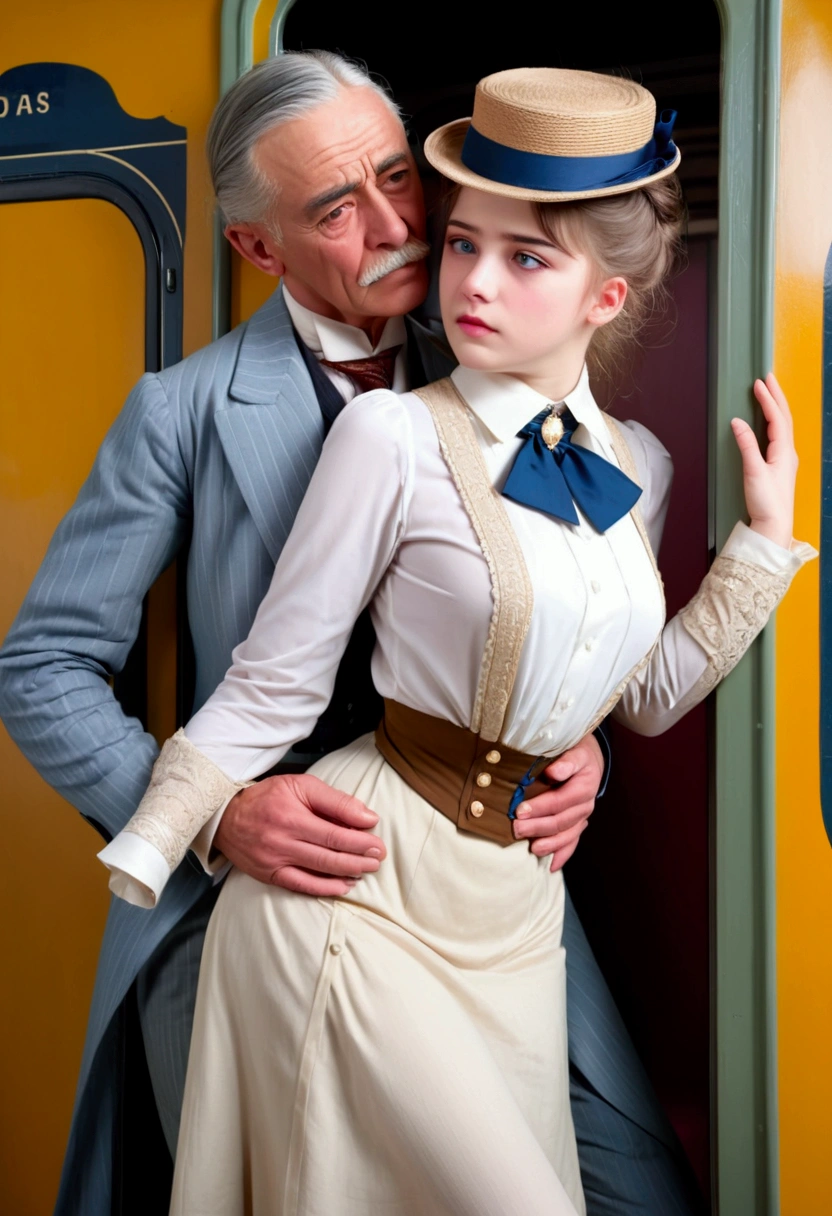 (masterpiece), (realistic), (((NSFW))). (ultra hd 8k), (realistic body proportions) very old man (69yo) in a business suit pushing his chest against very hot curvy young teen Gibson Girl (13yo) on her back wearing a 1900_dr3ss and picture hat, Edwardian outfit consisting of a high-collar long sleeve shirtwaist, skirt, petticoats, silk stockings and boots) back inside a very crowded train. Edwardian setting. Harassment, girl trying to get away from the man's embrace