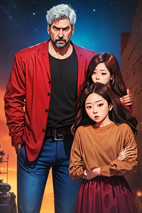 painterly manhwa art style, acrylic painting style, dark colors, male father, parent, drinking, daughter on back, park backgroun...