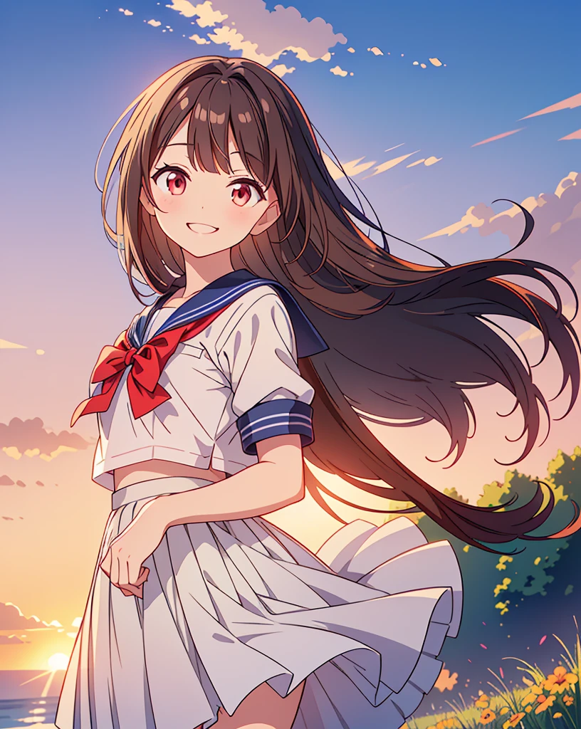 Highest quality, 32K, High resolution, masterpiece:1.5, One beautiful girl, Illustration with anime touch, Rich emotional expression, An exceptionally beautiful face, Perfect Human Anatomy, Perfect hands, Thumb and４Finger, Big red eyes, ((A gentle smile:1.4)), Shiny brown hair, Long Hair, Asymmetrical bangs, Hair between the eyes, Transparent, soft white skin, Detailed and cute lips, ((Short-sleeved sailor uniform:1.1)), Red bow tie, Navy Pleated Skirt, Railroad tracks stretching to the horizon, ((The sun rises:1.2)), ((Ultra-detailed and beautiful skies:1.2)), Gentle sunlight, mysterious