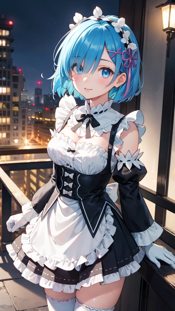 (Masterpiece), (artwork), (best quality), (highly detailed 8k CG wallpaper), (studio lighting), a beautiful girl, (detailed eyes, face), (detailed hair), city background scenery illuminated at night, cinematic indirect lighting, she is wearing a maid outfit, cute tiara with frills, white gloves, ruffled skirt, cute face, detailed-eyes, detailed-face, 1girl, Solo, High Resolution, apron, black ribbon, black skirt, black sleeves, detached collar, detached sleeves, flower, frilled apron, frilled skirt, frills, head wreath, long sleeves, maid, miniskirt, neck ribbon, purple ribbon, ribbon, ribbon trim, ribbon-trimmed sleeves, roswaal mansion maid uniform, short hair, skirt, thighhighs, waist apron, white apron, white thighhighs,rem, blue eyes, blue hair, hair ornament, hair over one eye, hair ribbon, short hair, x hair ornament