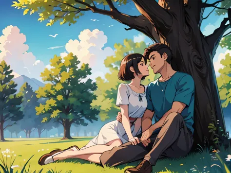 man and woman, sitting beside a tree, in grass, friendly conversation, joy