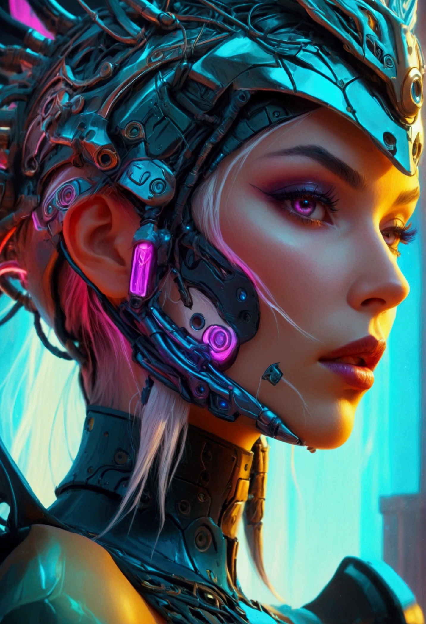 a close up of a woman with a very elaborate headpiece, cyberpunk robotic elvish queen, portrait of a cyborg queen, beautiful elegant demon queen, seductive cyberpunk dark fantasy, detailed matte fantasy portrait, fantasy art behance, cgsociety saturated colors, deviantart artstation cgscosiety, aetherpunk airbrush digital art