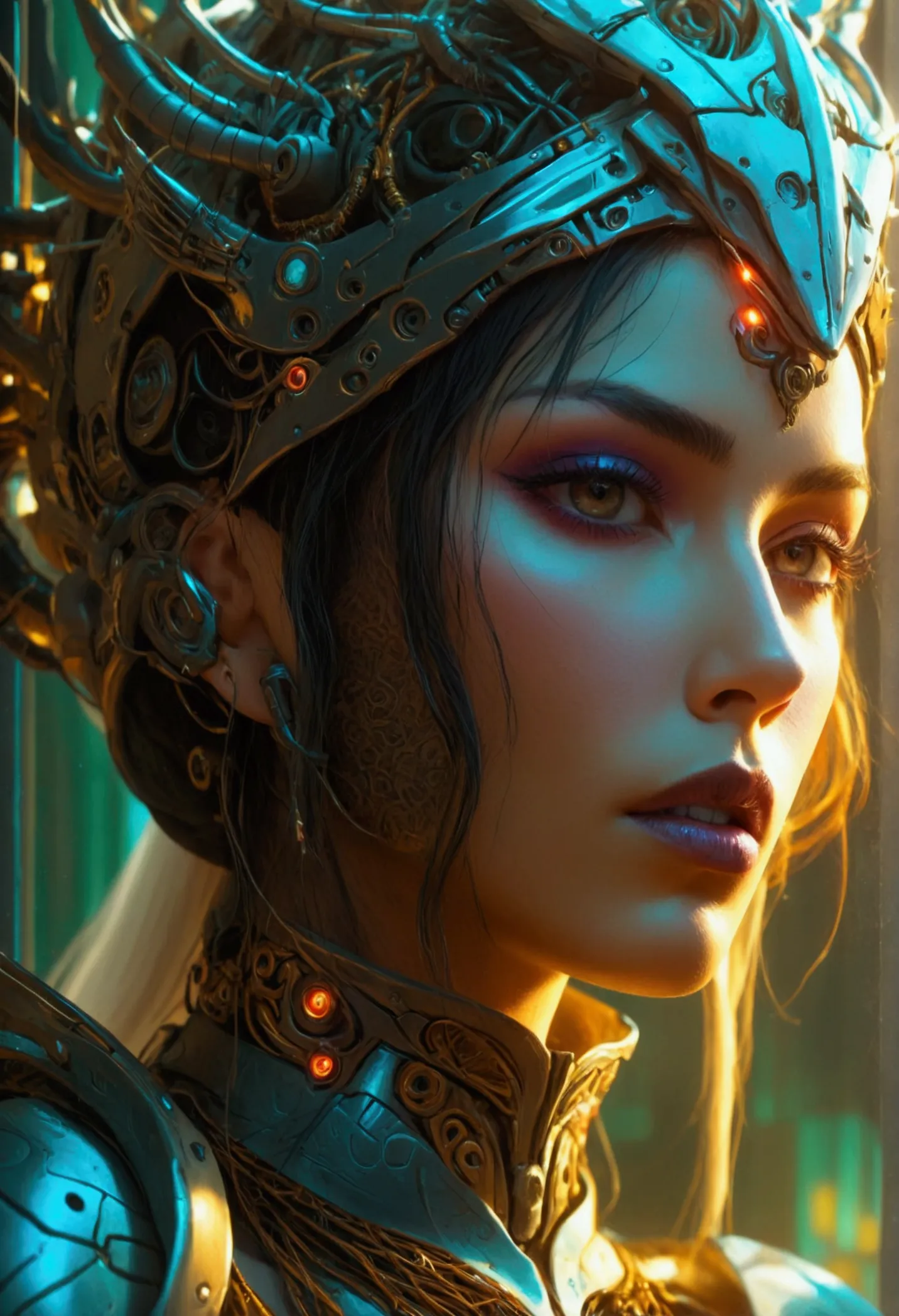 a close up of a woman with a very elaborate headpiece, cyberpunk robotic elvish queen, portrait of a cyborg queen, beautiful ele...