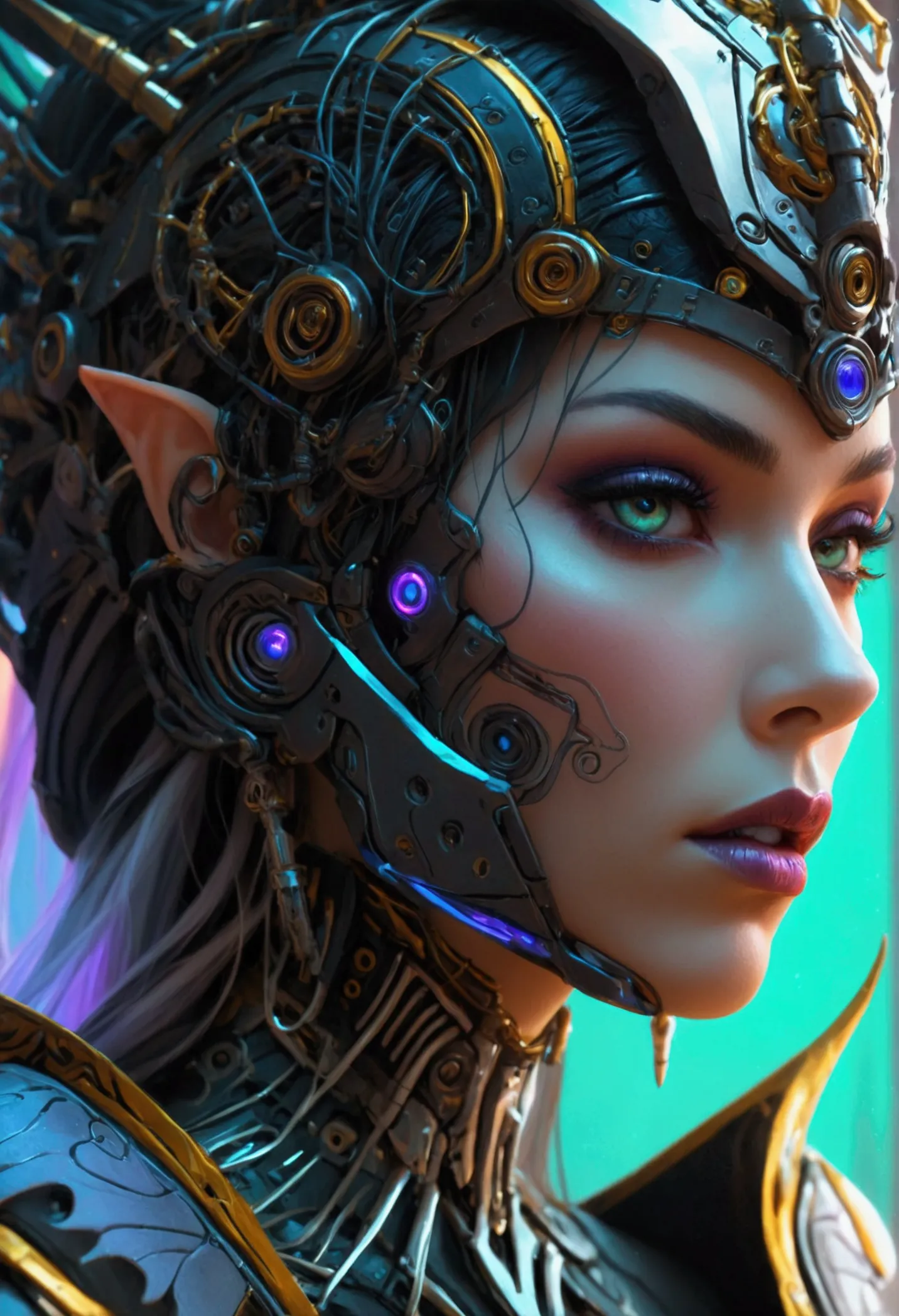 a close up of a woman with a very elaborate headpiece, cyberpunk robotic elvish queen, portrait of a cyborg queen, beautiful ele...