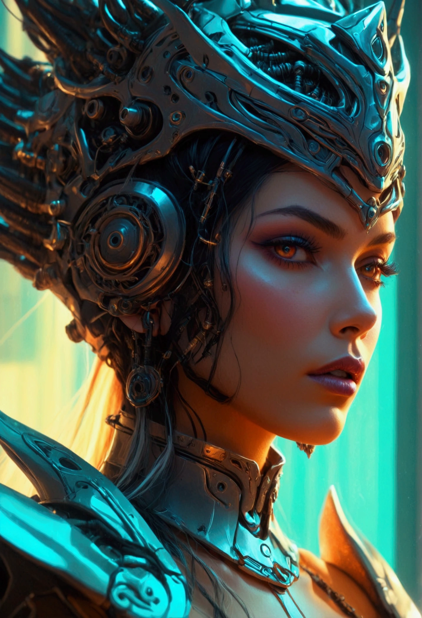 a close up of a woman with a very elaborate headpiece, cyberpunk robotic elvish queen, portrait of a cyborg queen, beautiful elegant demon queen, seductive cyberpunk dark fantasy, detailed matte fantasy portrait, fantasy art behance, cgsociety saturated colors, deviantart artstation cgscosiety, aetherpunk airbrush digital art