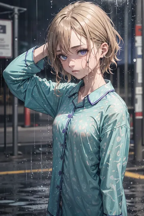 ((teal coloured buttoned up pyjama shirt)), (naked bottoms, wearing nothing but her shirt), 1girl, raining heavily, (patterned p...