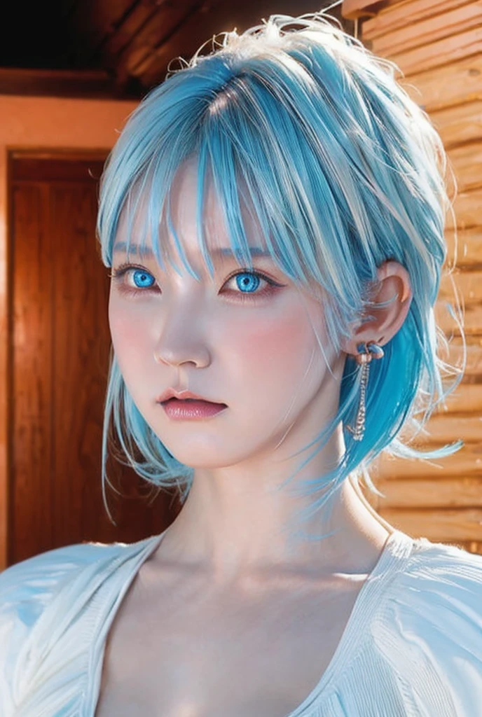 High resolution, high quality, Textured skin, Ultra high definition, Shortcuts, Blonde, Blue Hair/Light blue hair, Bob Hair, Large Breasts, Heart-shaped earrings, Blushing, Heavy makeup, Red face, Gradient colored eyes, Aperture value F4.0, Dithering, Cinematic light effects, Character Design, 1girl
