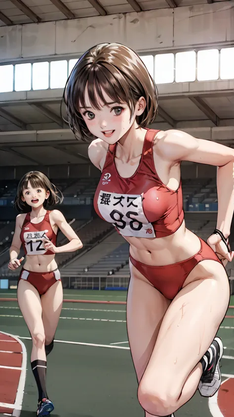 (three girls)、(athletics stadium、truck),、smile、the men are laughing、、short hair、they hesitate,、wet hair,  underarm, mid-chest, r...