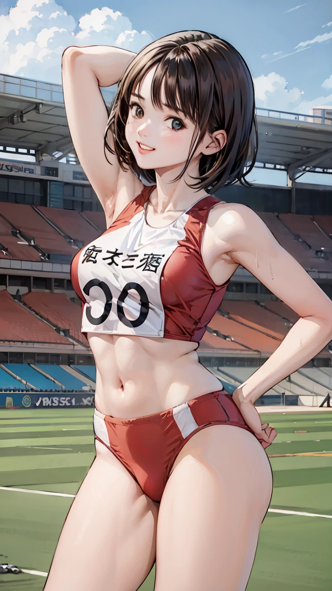  (Three Girls)、(Athletics Stadium、truck),、smile、The men are laughing、、Short Hair、They hesitate,、Wet Hair,  Underarm, Mid-chest, Realistic butt crack , (High color saturation:1.0),  (Very detailed肌), (Highest quality:1.0), (Ultra-high resolution:1.0) ,(Realistic:1.0), (Very detailed:1.0), (8k, RAW Photos:1.1)、Center of chest、Spread your legs、Yoshizuki Iori、Running、(White Athletics Uniform、English bib number)、(Front view)