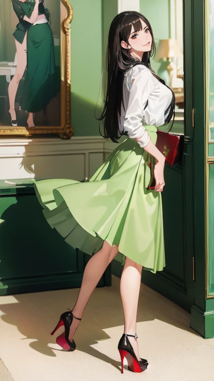 ((masterpiece, high resolution, better quality, better details)), ((Smiling)), ((one girl)) a girl standing, full body, maxi green skirt, blouse,((louboutin high heels)), green eyes , ((black hair, long hair)), shiny skin, ((from behind)), solo, full body, focus full body, high heels, in office, working secretary