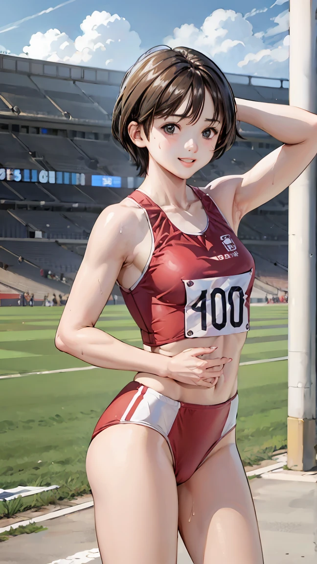  (Three Girls)、(Athletics Stadium、truck),、smile、The men are laughing、、Short Hair、They hesitate,、Wet Hair,  Underarm, Mid-chest, Realistic butt crack , (High color saturation:1.0),  (Very detailed肌), (Highest quality:1.0), (Ultra-high resolution:1.0) ,(Realistic:1.0), (Very detailed:1.0), (8k, RAW Photos:1.1)、Center of chest、Spread your legs、Yoshizuki Iori、Running、(White Athletics Uniform、English bib number)、(Front view)