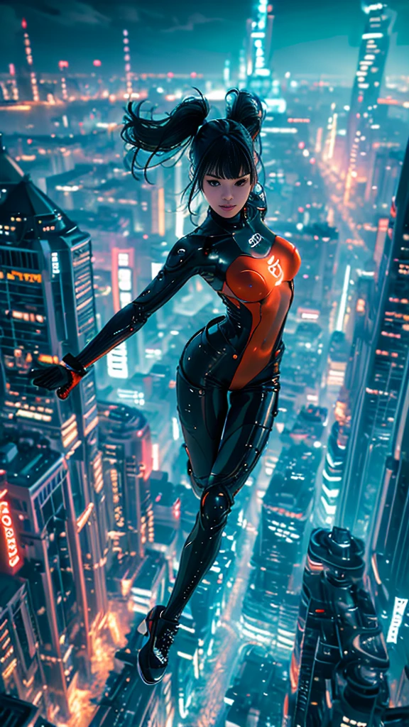 (ultra-detailed, masterpiece:1.2), extremely detailed artwork, best quality, high-resolution, hyper-realistic:1.37, attractive girl, breathtaking leap, background cityscape, realistic lighting, vibrant colors, elegant dress, flowing hair, graceful posture, mesmerizing expression, captivating eyes, delicate facial features, dynamic movement, bustling streets, towering skyscrapers, busy traffic, glowing neon signs, vibrant city life, breathtaking urban scenery, intricate architectural details, vivid city lights, bustling city ambiance, bustling streets, modern cityscape, urban energy,red suit