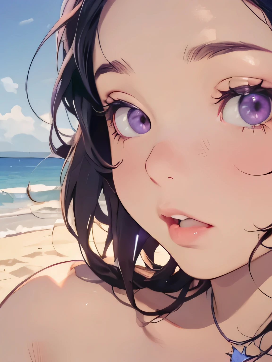 ((high quality colour line art)), (highly detailed), ((cute girl face)), (naked), (((((small tits))))), ((star-shaped blue necklace)), (((sunny beach))), ((pale skin)), (((anatomically correct))), (((long black hair))), (((chubby))), (singing), ((close-up)), ((purple eyes)), ((whole face))