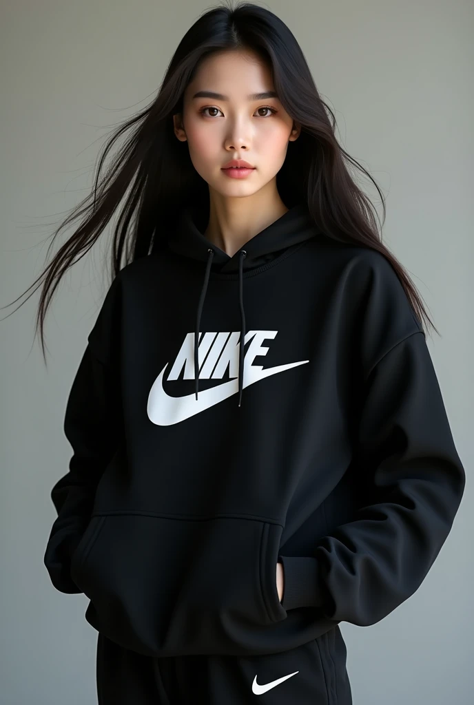 Une belle brune coréenne aux yeux bridés aux cheveux longs portant un sweat-shirt nike a capuche noir Nike et un pantalon noir Nike assorti, 