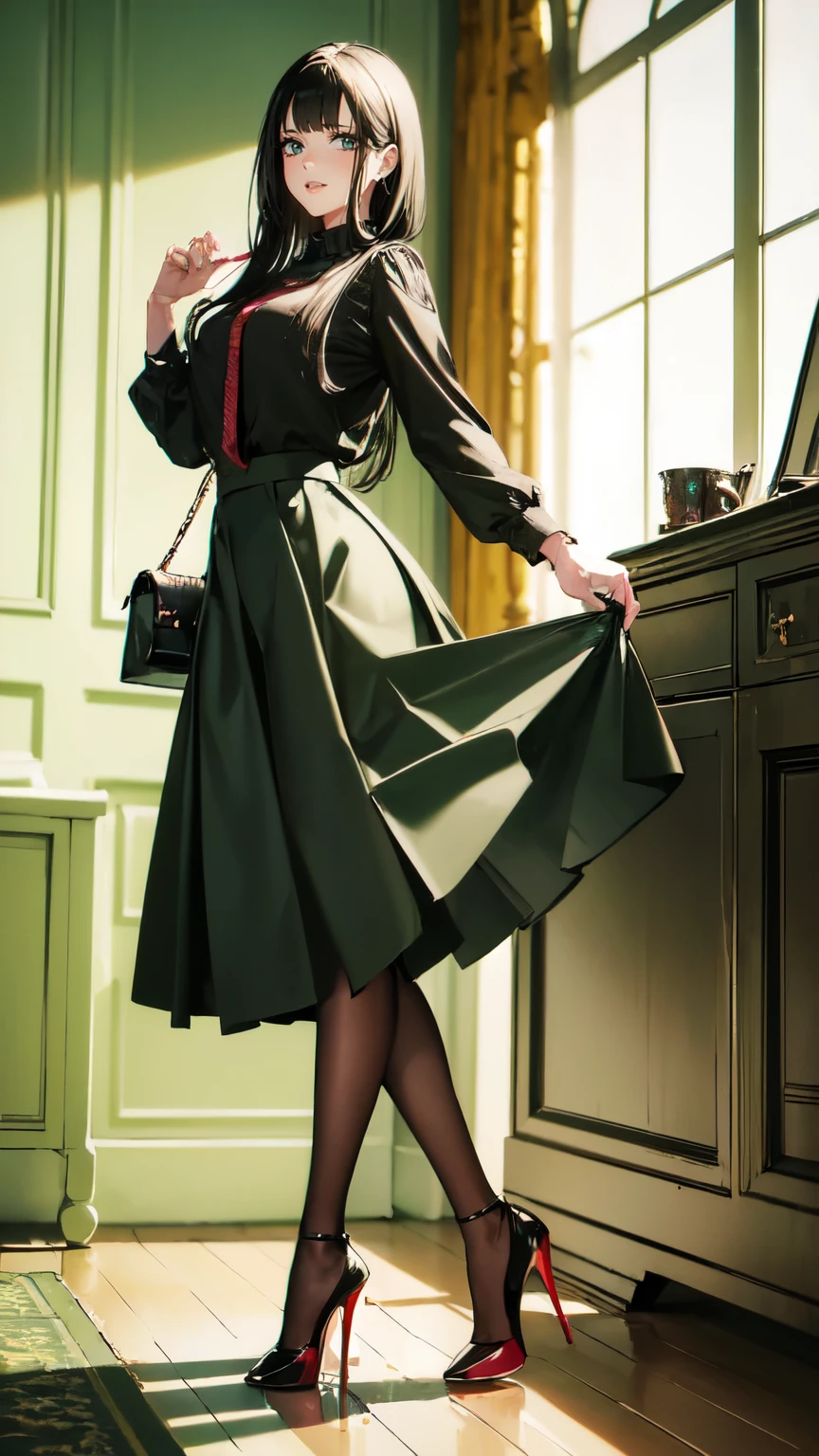 ((masterpiece, high resolution, better quality, better details)), ((Smiling)), ((one girl)) a girl standing, full body, maxi green skirt, blouse,((louboutin high heels)), green eyes , ((black hair, long hair)), shiny skin, ((from behind)), solo, full body, focus full body, high heels, in office, working secretary