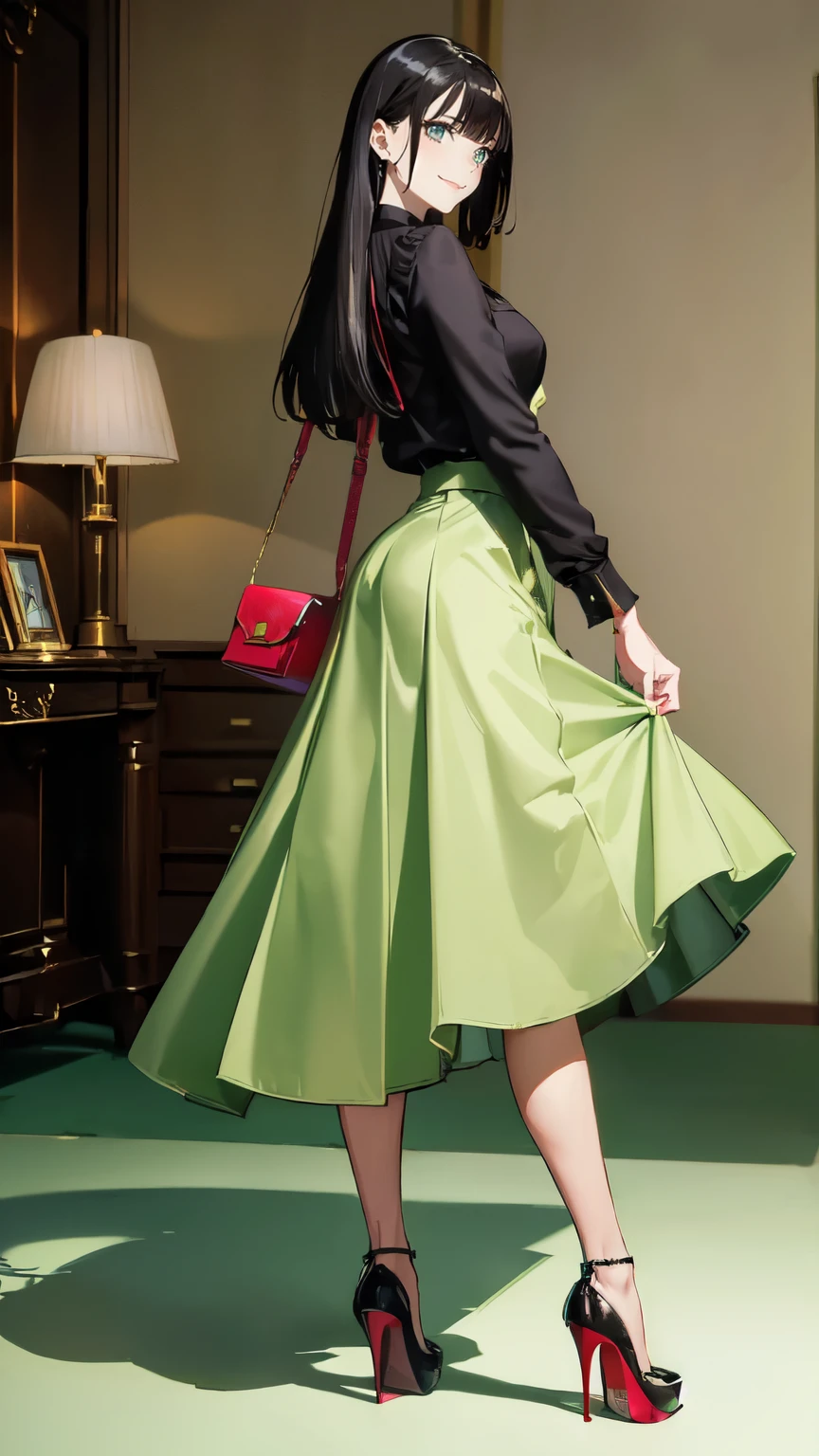 ((masterpiece, high resolution, better quality, better details)), ((Smiling)), ((one girl)) a girl standing, full body, maxi green skirt, blouse,((louboutin high heels)), green eyes , ((black hair, long hair)), shiny skin, ((from behind)), solo, full body, focus full body, high heels, in office, working secretary