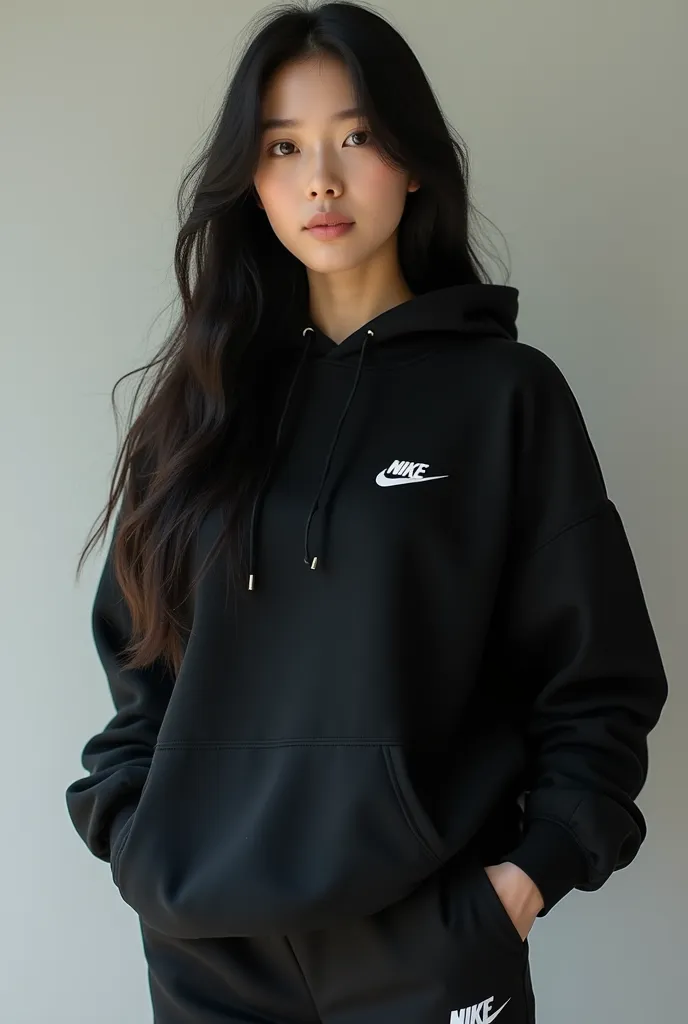 Une belle brune coréenne aux yeux bridés aux cheveux longs portant un sweat-shirt nike a capuche noir Nike et un pantalon noir Nike assorti, 