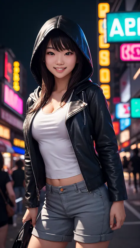 a young japanese girl, wearing a white t-shirt, a leather jacket and a hood up.demin short pants, she was looking at me with a s...