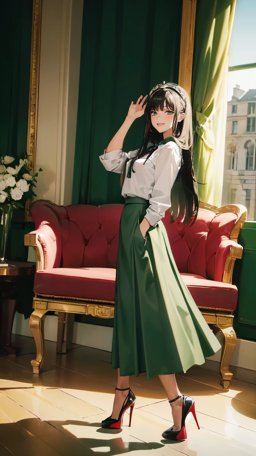 ((masterpiece, high resolution, better quality, better details)), ((Smiling)), ((one girl)) a girl standing, full body, maxi green skirt, blouse,((louboutin high heels)), green eyes , ((black hair, long hair)), shiny skin, ((from behind)), solo, full body, focus full body, high heels, in office, working secretary