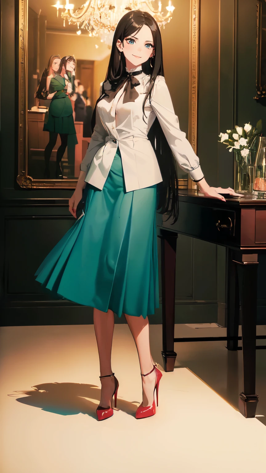 ((masterpiece, high resolution, better quality, better details)), ((Smiling)), ((one girl)) a girl standing, full body, maxi green skirt, blouse,((louboutin high heels)), green eyes , ((black hair, long hair)), shiny skin, ((from behind)), solo, full body, focus full body, high heels, in office, working secretary