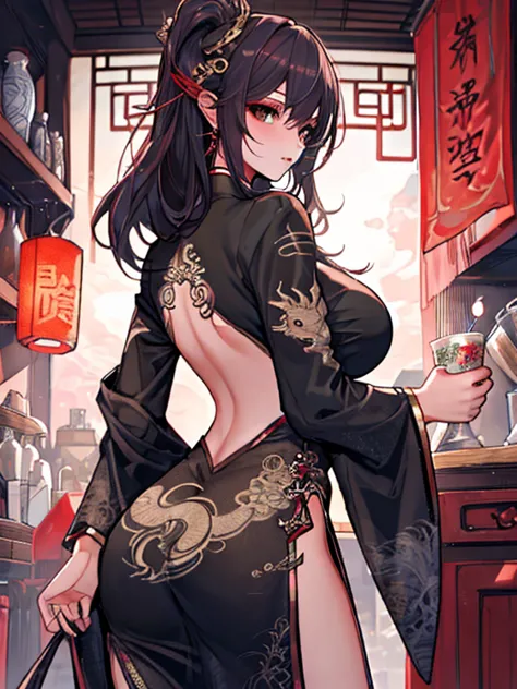 Highest quality,  Ultra-high resolution, Detailing, From behind, Beautiful woman, Big ample breasts, Full back dragon tattoo, Exposed Chinese clothing, Large slits on the sides