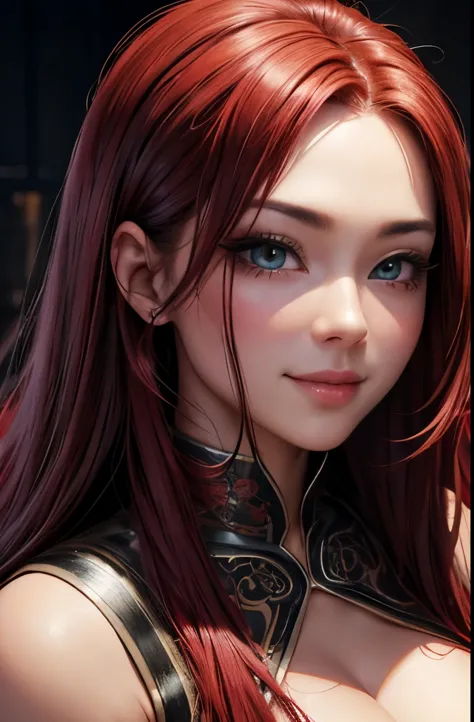 realistic, a glamour shot of a smiling asian waifu (extremely long curly red hair), cupping (squeezing) her breast, big ass, lea...