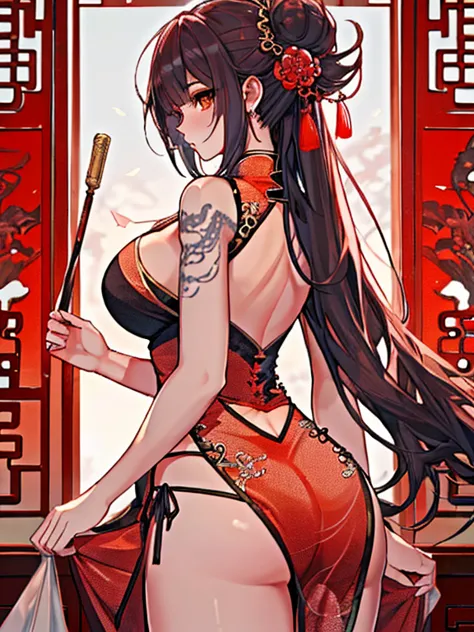 Highest quality,  Ultra-high resolution, Detailing, From behind, Beautiful woman, Big ample breasts, Full back dragon tattoo, (Exposed Chinese clothing, the back is wide open, Large slits on the sides, The knot of the string panties is visible through the slit)