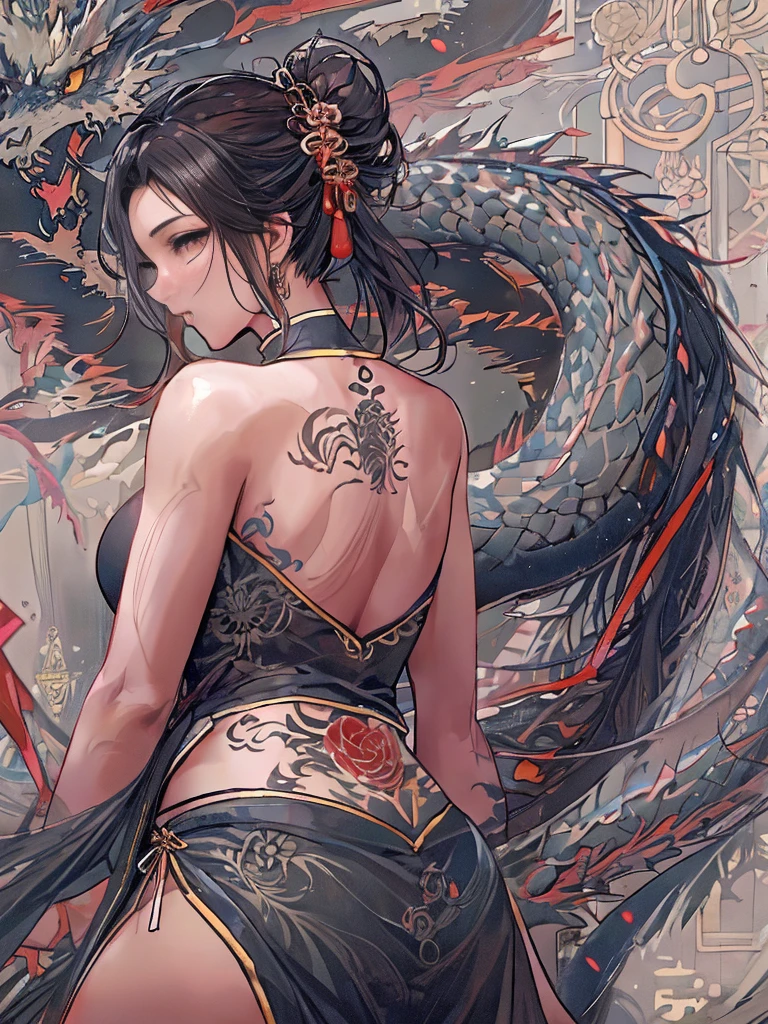 Highest quality, Ultra-high resolution, Detailing, From behind, Beautiful woman, Big ample breasts, Full back dragon tattoo, (Exposed Chinese clothing, the back is wide open, Large slits on the sides, The knot of the string panties is visible through the slit)