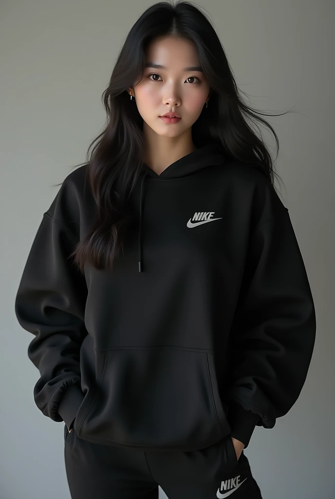 Une belle brune coréenne aux yeux bridés aux cheveux longs portant un sweat-shirt nike a capuche noir Nike et un pantalon noir Nike assorti, 