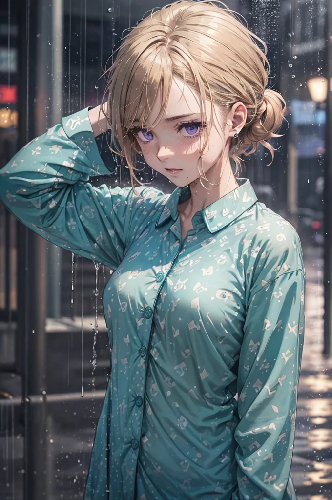 ((Teal coloured buttoned up pyjama shirt)), (naked bottoms, wearing nothing but her shirt), raining heavily, (patterned), outside, short caramel-blonde hair sticking to her face, sad but alluring purple eyes, teal coloured pyjama shirt, nighttime, almost naked, small breasts, in the streets, very dark night, soaking wet pyjama shirt, purple eyes, dark scene, flushed cheeks, braless, bottomless, nipples pressing through, 