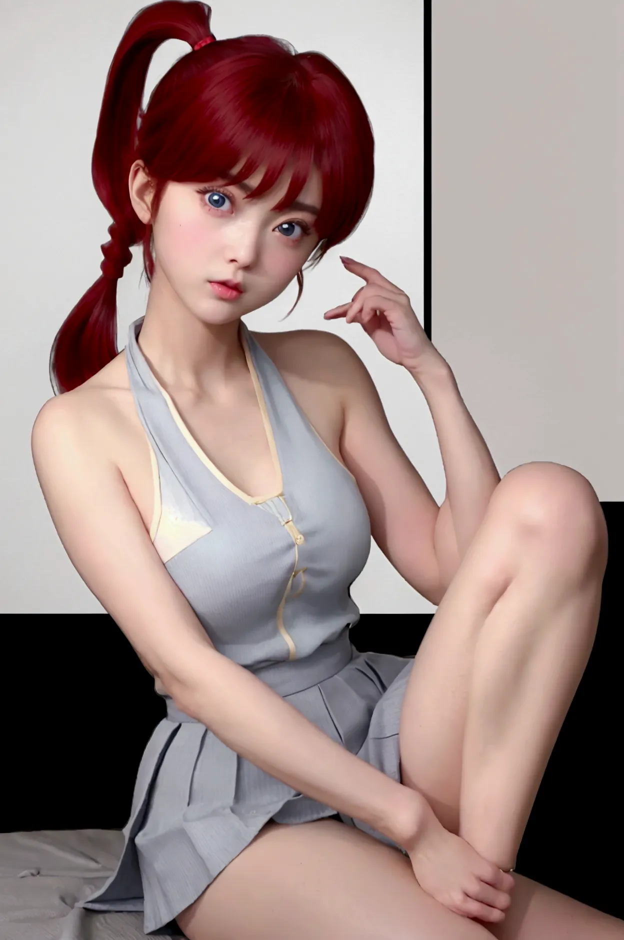 create female ranma, make a girl,clear contours, color full-body photo, (beautiful and delicate eyes), (nice face:1.3), childish...