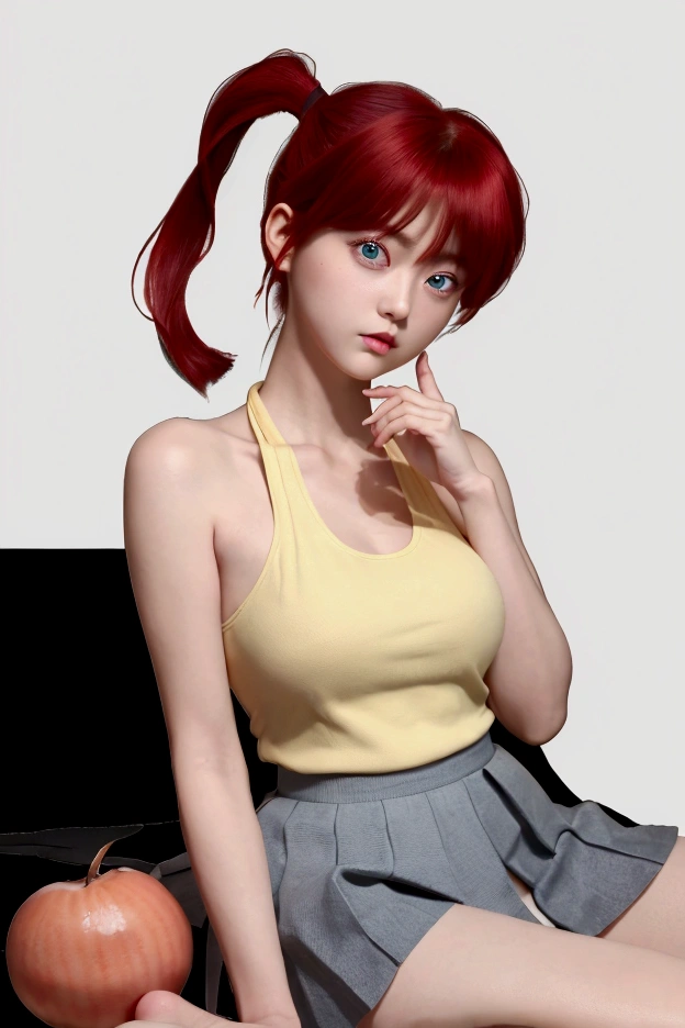 Create Female Ranma, make a girl,Clear contours, Color full-body photo, (beautiful and delicate eyes), (Nice face:1.3), childish face, Short red hair(single ponytail)， bumpy bangs, blue gray eyes, big eyes，plump breasts，top: Fitted white halter shirt,Bottom yellow fitted skirt(actual:1.2),   (actual上下身是:3.7 scale)，face to camera，Bend one foot slightly against the calf of the other leg。