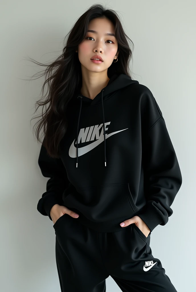 Une belle brune coréenne aux yeux bridés aux cheveux longs portant un sweat-shirt nike a capuche noir Nike et un pantalon noir Nike assorti, 