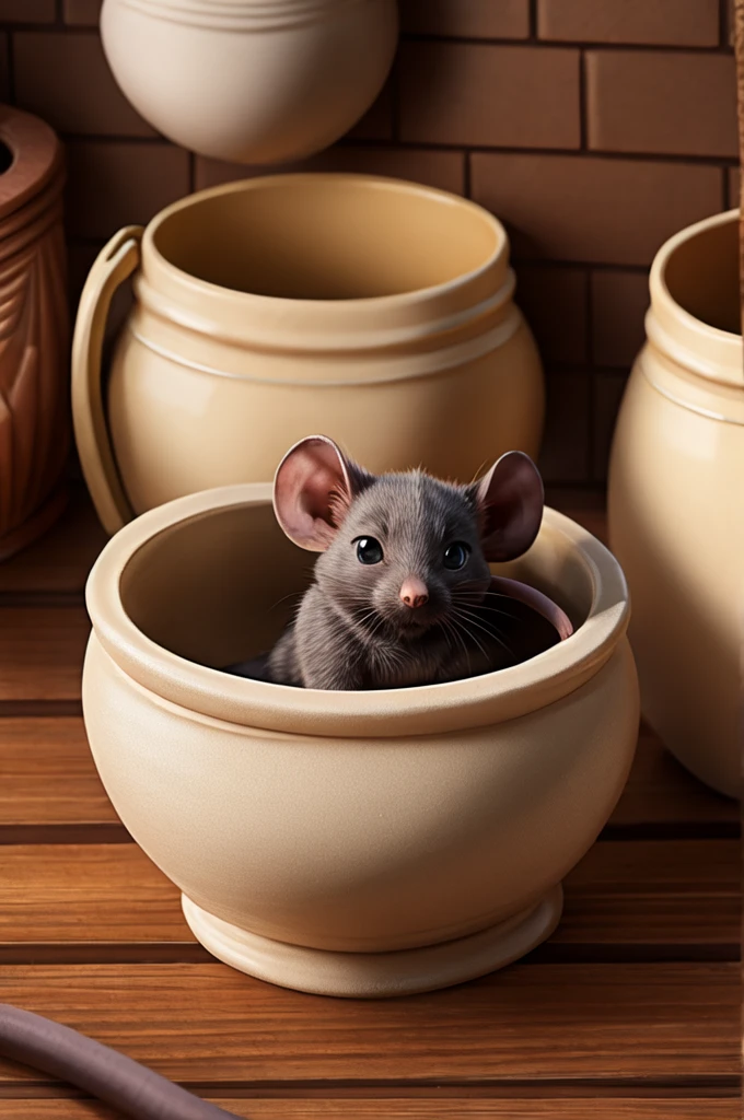 a sneaky black mouse inside ceramic pot