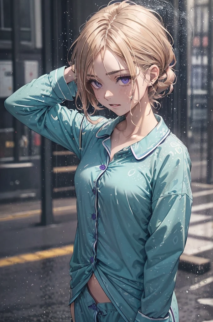 ((Teal coloured buttoned up pyjama shirt)), ((wearing nothing but her shirt, she is naked below her waist)), raining heavily, (patterned), outside, short caramel-blonde hair sticking to her face, sad but alluring purple eyes, teal coloured pyjama shirt, nighttime, almost naked, small breasts, in the streets, very dark night, soaking wet pyjama shirt, purple eyes, dark scene, flushed cheeks, braless, bottomless, nipples pressing through, ((wearing nothing but the pyjama shirt, she is otherwise naked)), NSFW, 